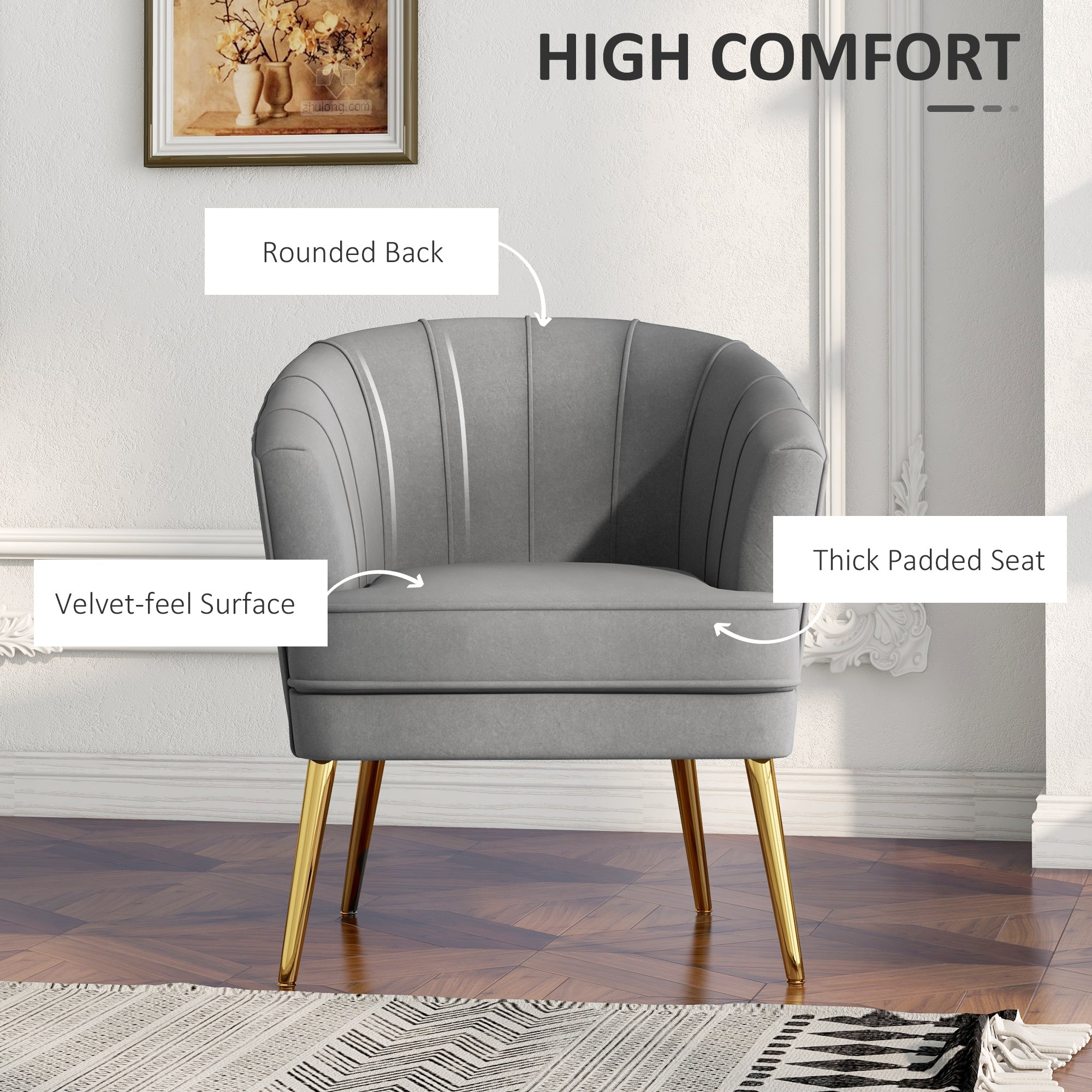 HOMCOM Elegant Living Accent: Fabric Armchair with Gold Metal Legs for Home Office, Bedroom, Grey Finish