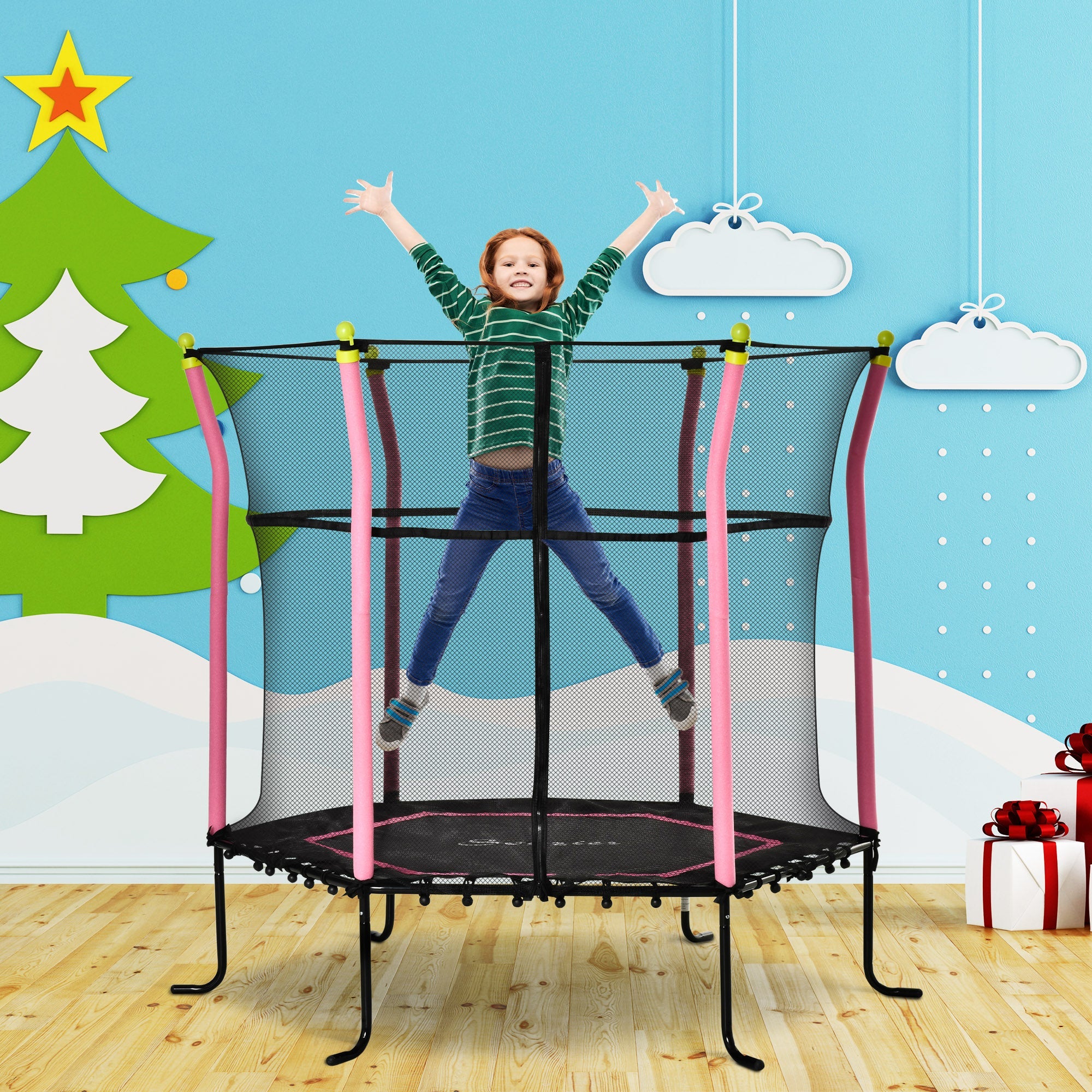 Soozier 63" Kids Trampoline Mini Indoor/Outdoor Bouncer Jumper Enclosure Net Elastic Padded Pole Gift Pink 3-10 Years