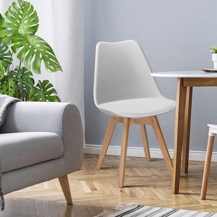 Set of 4 Modern Mid-Century Style White PU Leather Dining Chairs with Wood Legs - Free Shipping