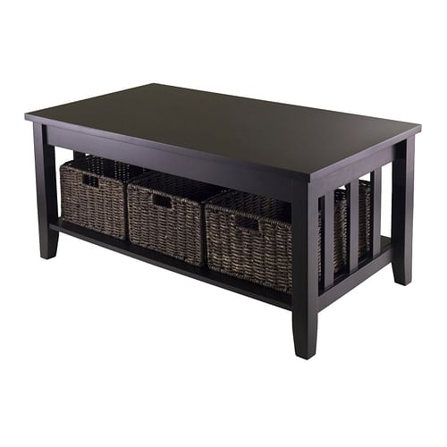 Mission Style Dark Wood Coffee Table with 3-Folding Storage Baskets - Free Shipping