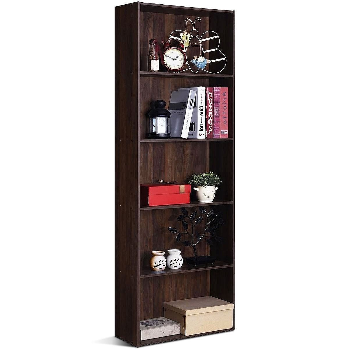 Modern 5-Tier Bookcase Storage Shelf in Brown Walnut Wood Finish - Free Shipping