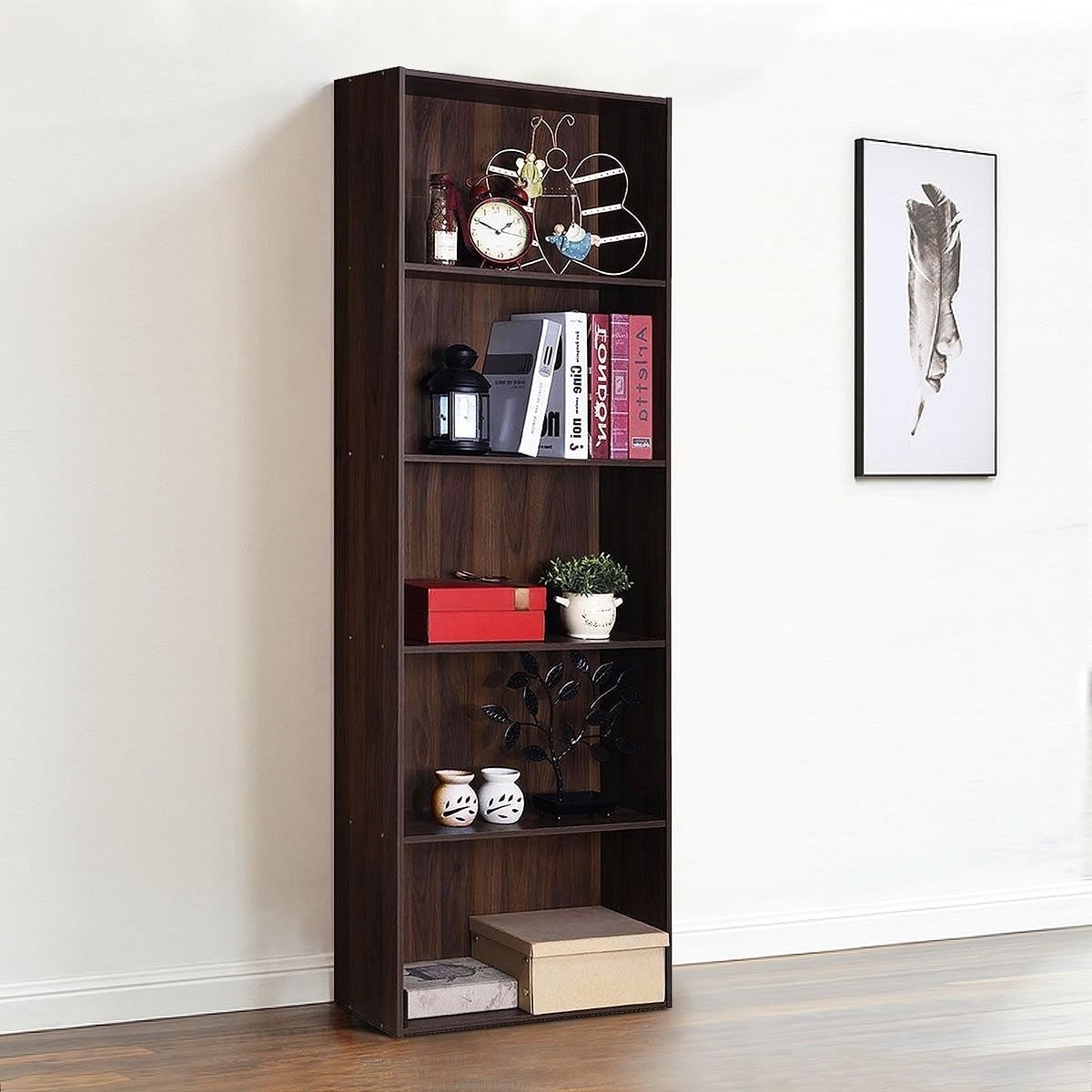 Modern 5-Tier Bookcase Storage Shelf in Brown Walnut Wood Finish - Free Shipping
