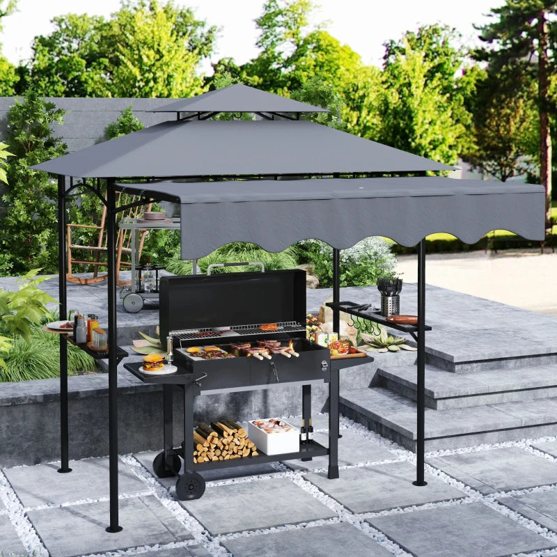 8' x 7.6' Grill Gazebo, Double Tiered Barbecue Grill Gazebo Shelter w/ Side Awning, 2 Side Shelves, 6 Hooks, Dark Grey