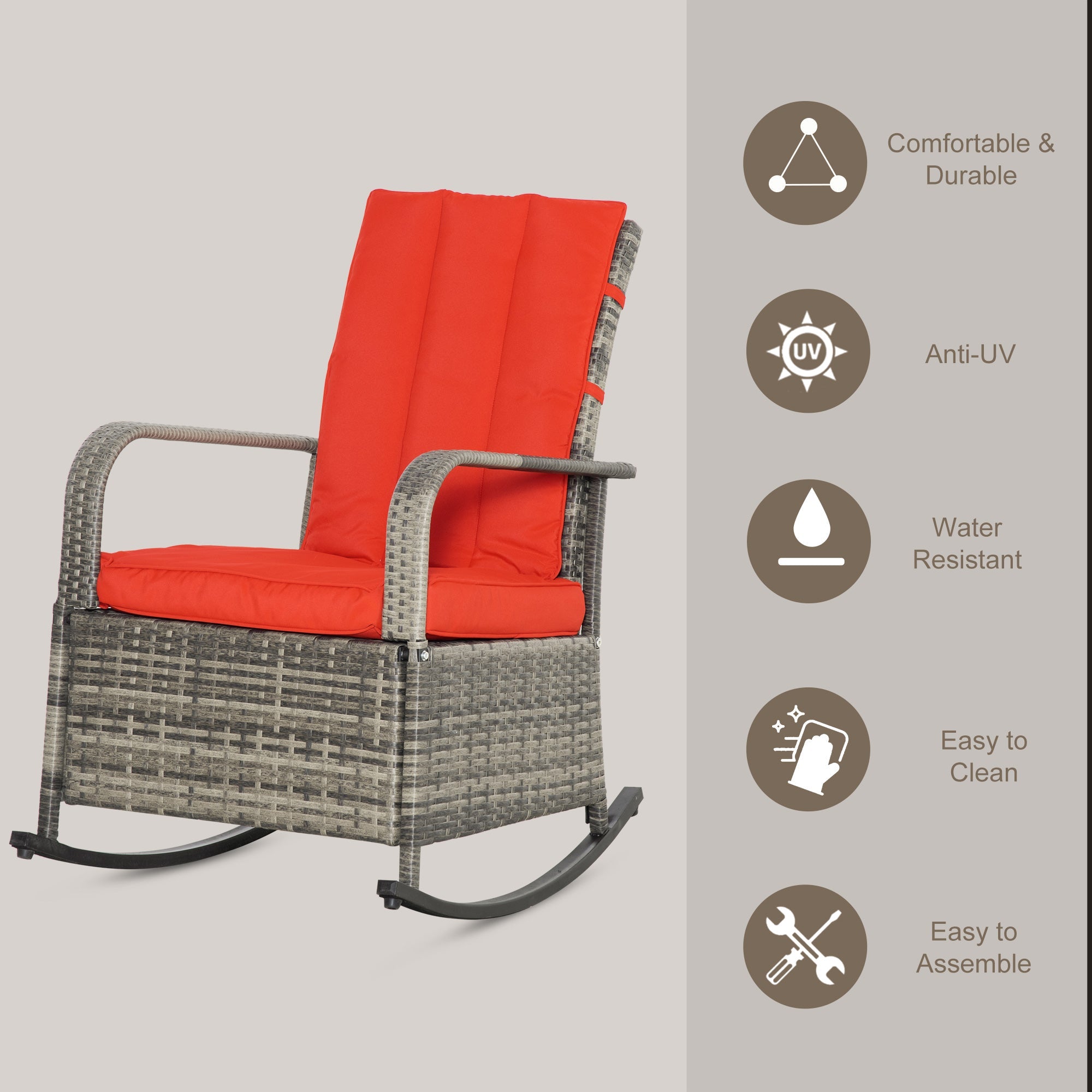 Outsunny Wicker Rocking Chair Outdoor Sofa Glider Rocker Patio Rattan Recliner Furniture with Soft Cushion, Adjustable Footrest, Red