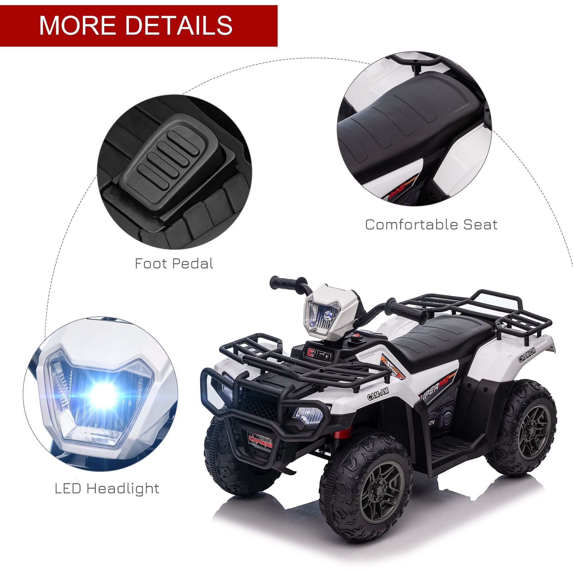 Aosom Kids ATV: 12V, 4 Wheeler Quad, Battery Powered, Music, LED Lights, Treaded Tires, 3-5 Years, White