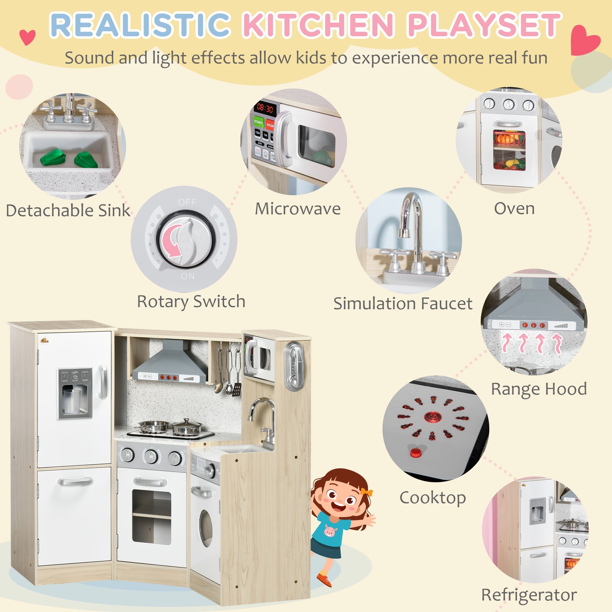Qaba Deluxe Wooden Kitchen Playset for Kids - Interactive Corner Design with Lights, Sounds, Play Phone, Ice Maker, and More