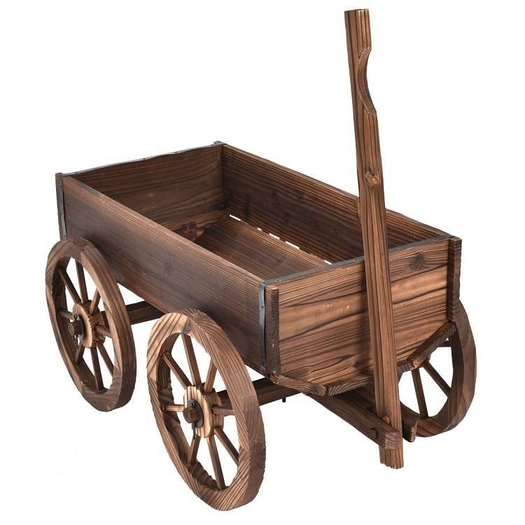 Outdoor Garden Fir Wood Barrel Planter Wagon on Wooden Wheels - Free Shipping