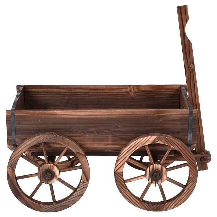 Outdoor Garden Fir Wood Barrel Planter Wagon on Wooden Wheels - Free Shipping