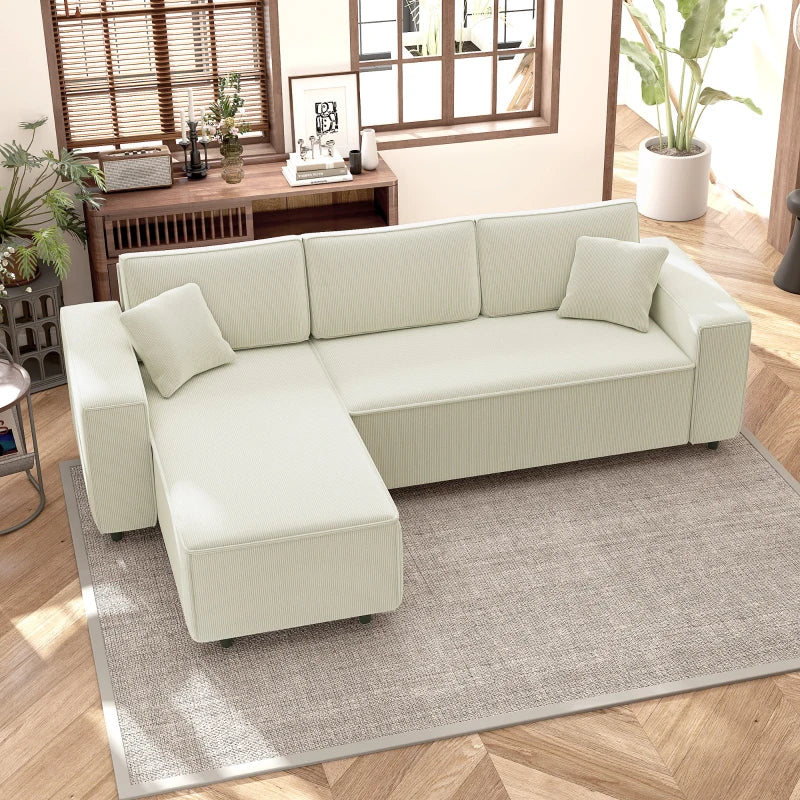 Corner Sofa with Changeable Chaise, Corduroy L-Shaped Sectional Sofa with Pocket Spring, 2 Pillows, Cream White
