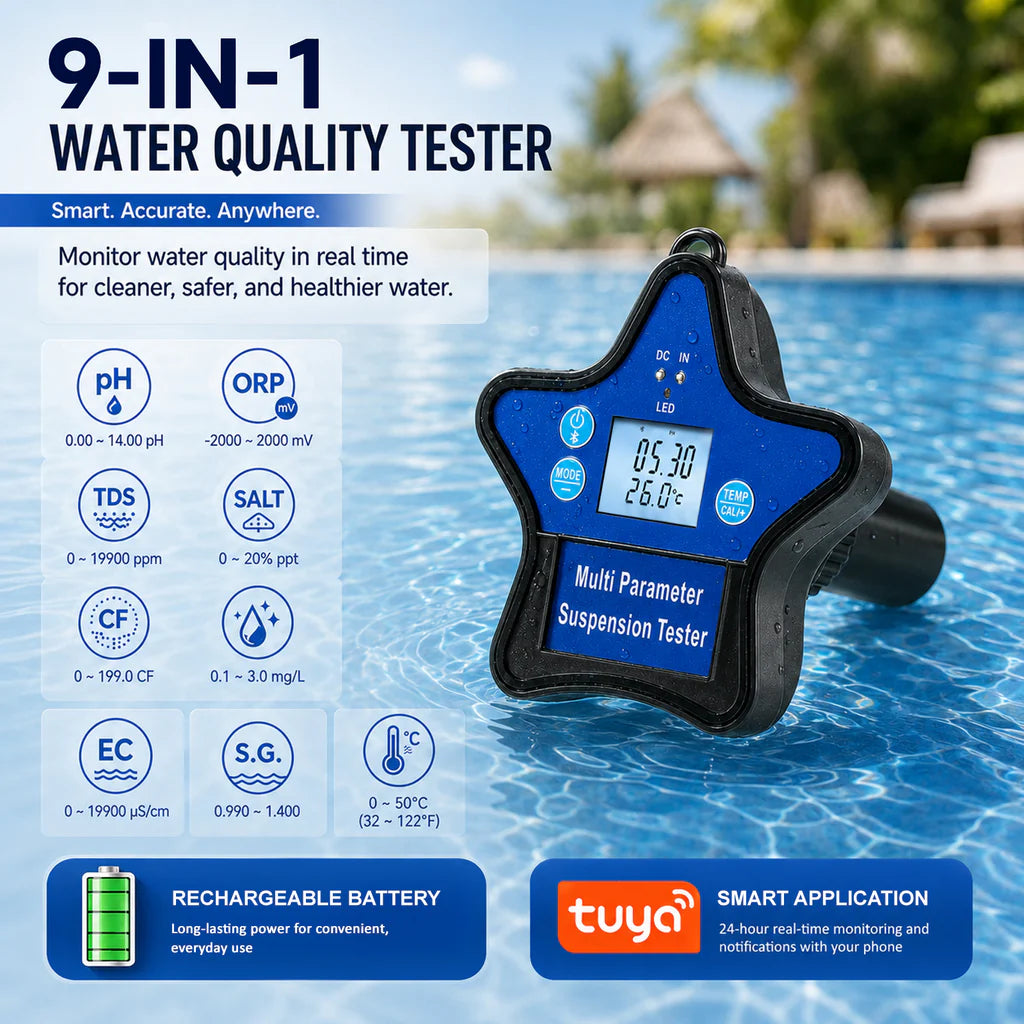 Smart Floating 9-in-1 Water Quality Tester with Wi-Fi, Tuya App & Rechargeable Battery