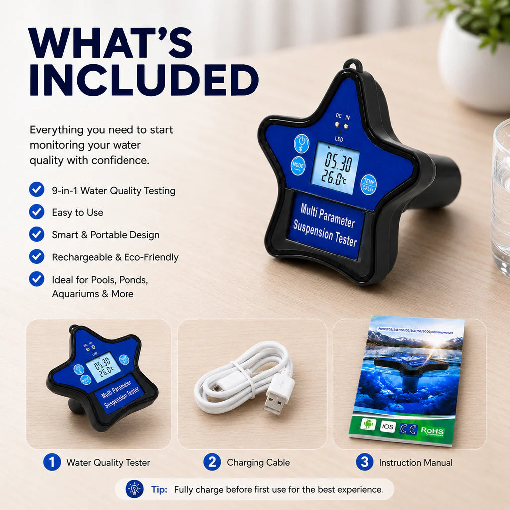 Smart Floating 9-in-1 Water Quality Tester with Wi-Fi, Tuya App & Rechargeable Battery