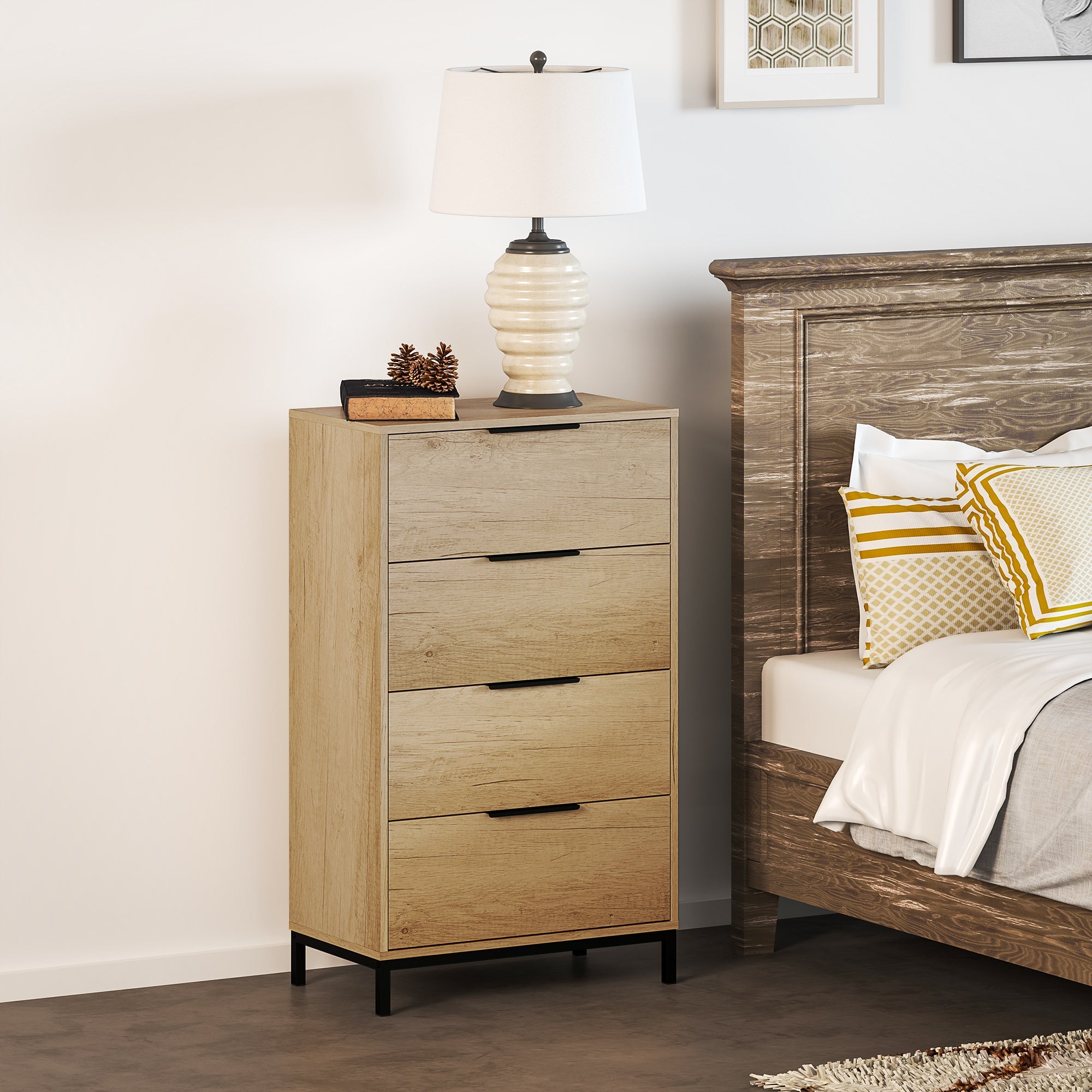HOMCOM Dresser for Bedroom, 4 Drawer Dresser Tower, Chest of Drawers for Hallway, Entryway, Closet, Natural