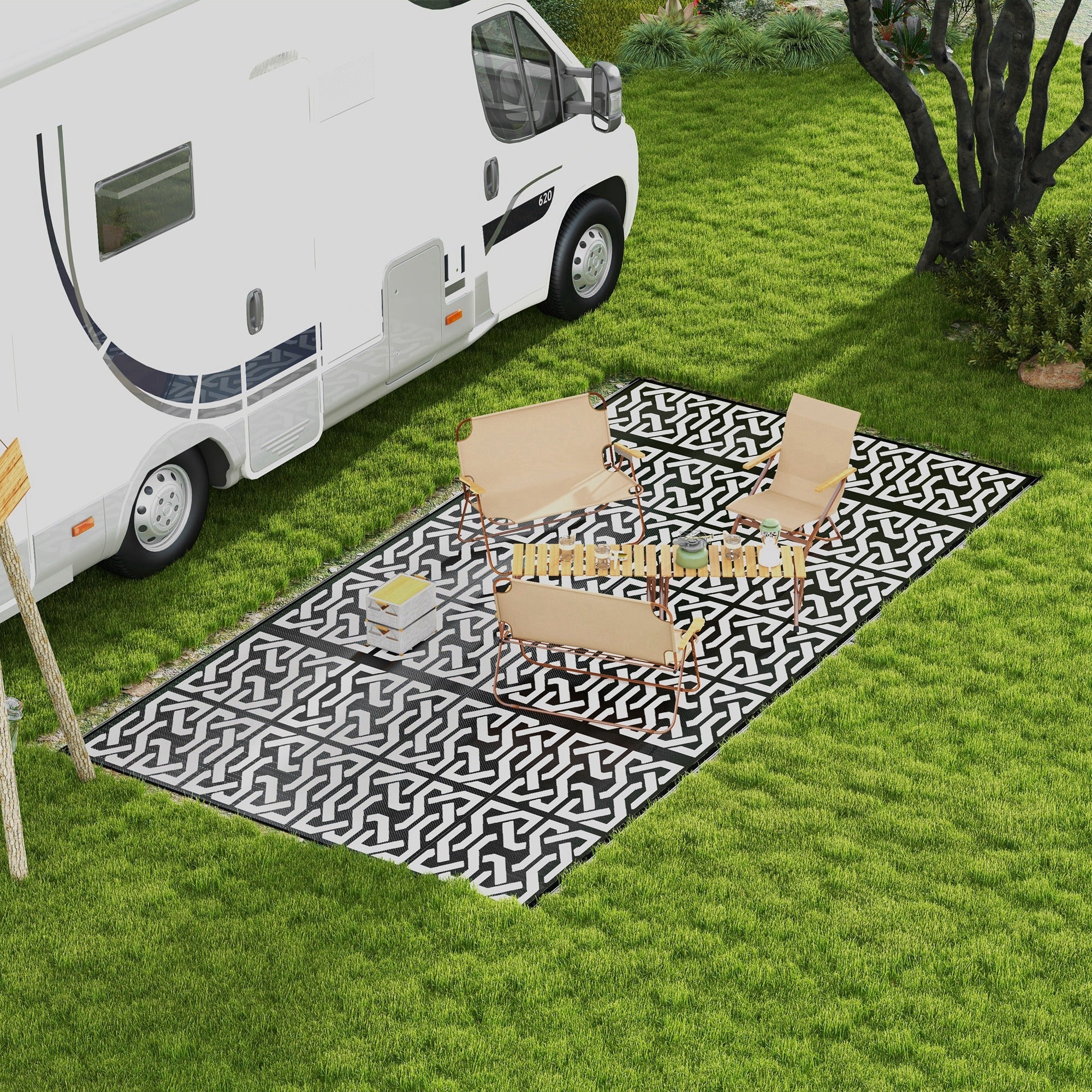 Outsunny 9x18ft Black White Chain Design Reversible Outdoor Rug Waterproof Plastic Straw with Carry Bag