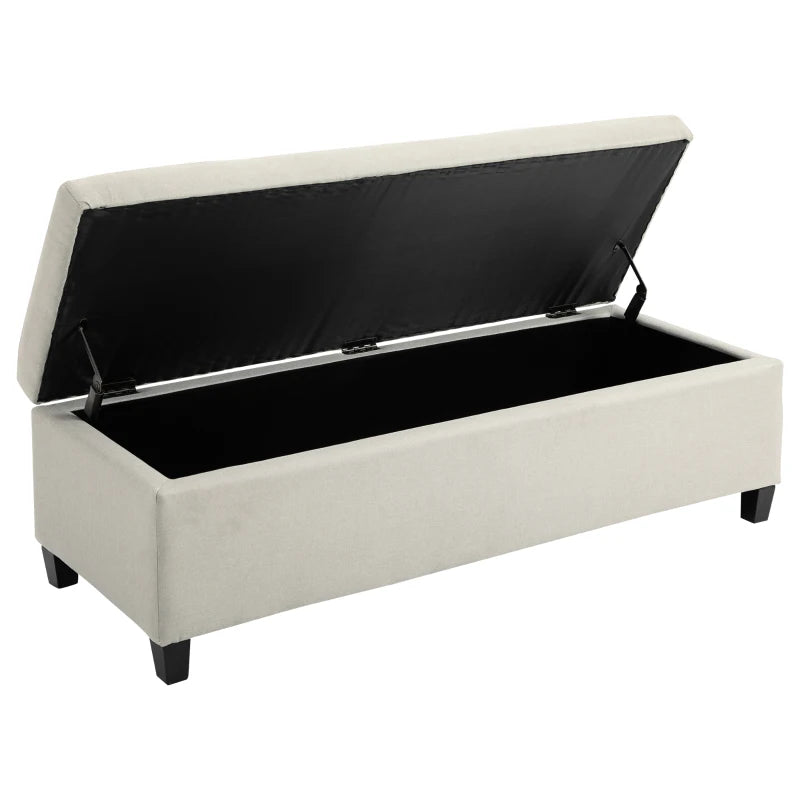 Rectangular Entry Bench, Tufted Upholstered Linen Fabric Wood Feet Storage Ottoman Bench, Beige