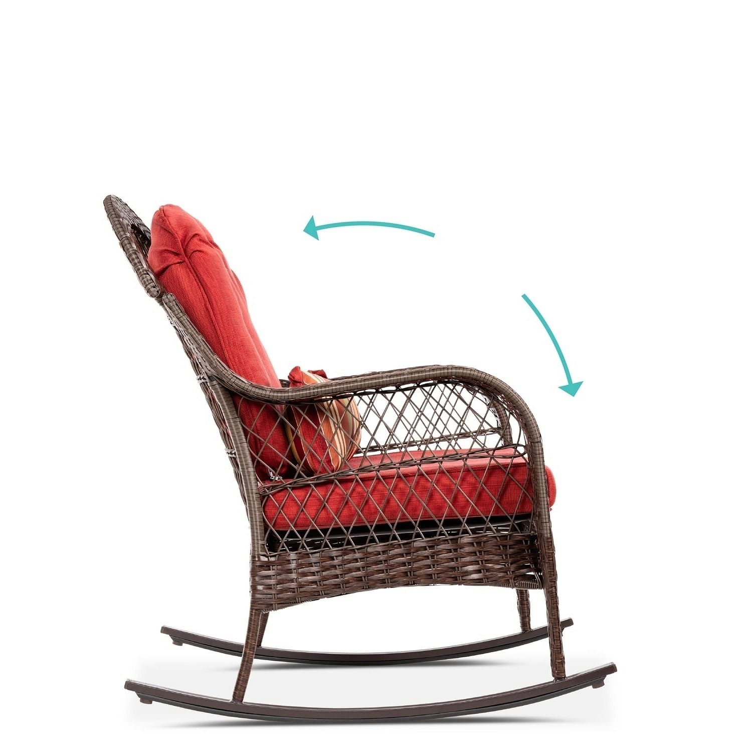Outdoor Patio Brown Wicker Rocking Chair with Red Cushions and Accent Pillow - Free Shipping
