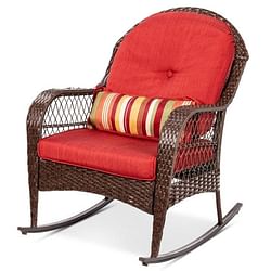 Outdoor Patio Brown Wicker Rocking Chair with Red Cushions and Accent Pillow - Free Shipping