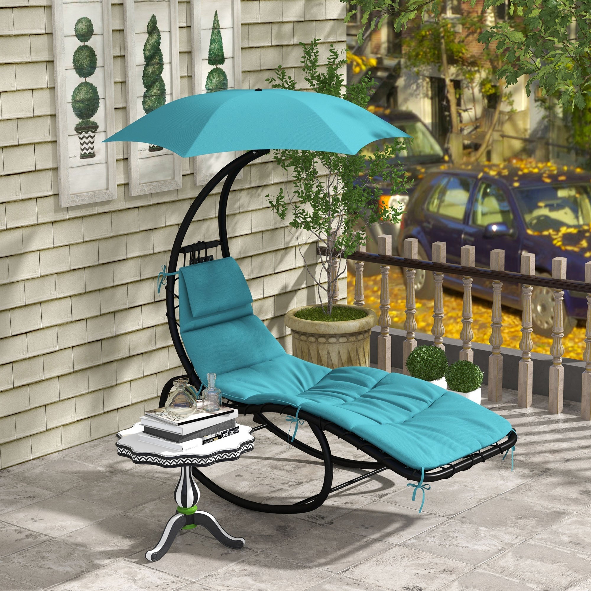 Outsunny Tanning Chair with Sunshade Roof, Rocking Base, Cushion, Headrest, Turquoise