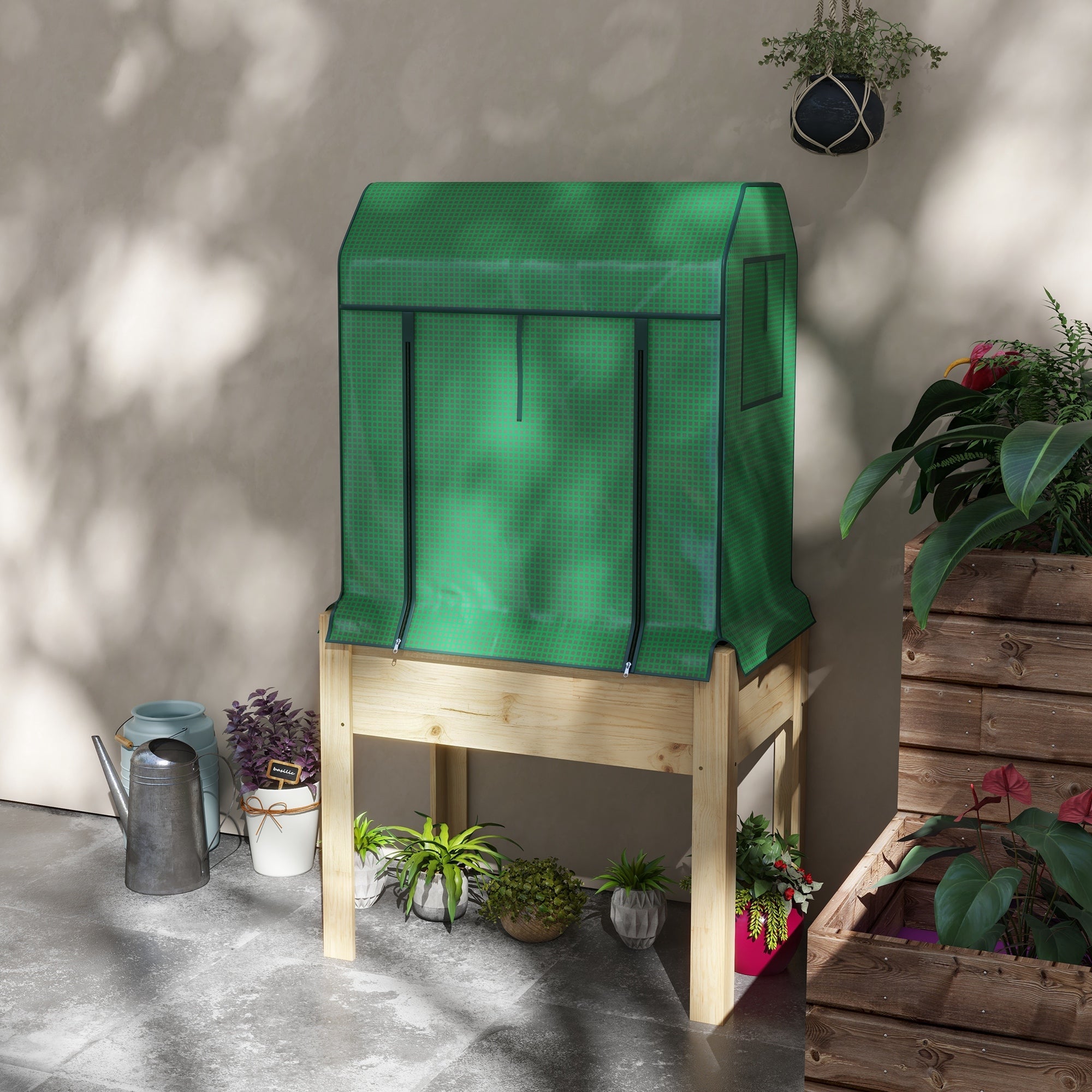 Outsunny Wooden Raised Garden Bed with PE Greenhouse Cover Liner for Vegetables Flowers Herbs Outdoor Gardening