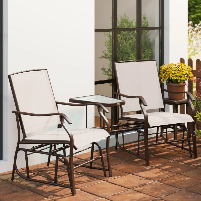 Double Patio Glider Chair with Glass Top Center Table, Outdoor Glider Loveseat with High Back, All Weather Breathable Mesh Fabric for Garden, Backyard, Deck, Beige