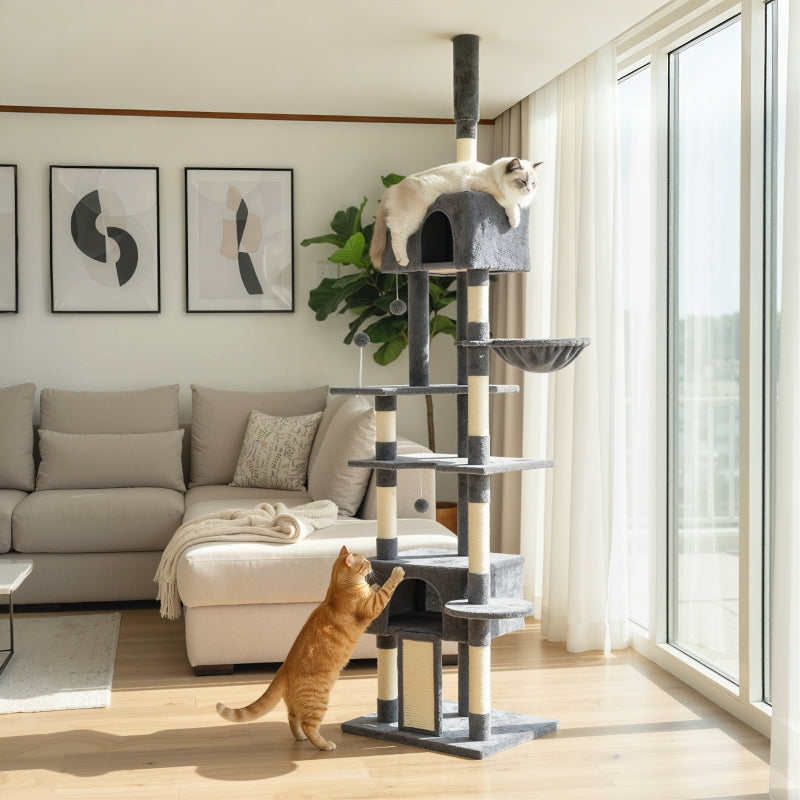 91"-98" Floor to Ceiling Cat Tree with 2 Condos, Hammock and Sisal Scratching Posts, for Indoor, Dark Grey