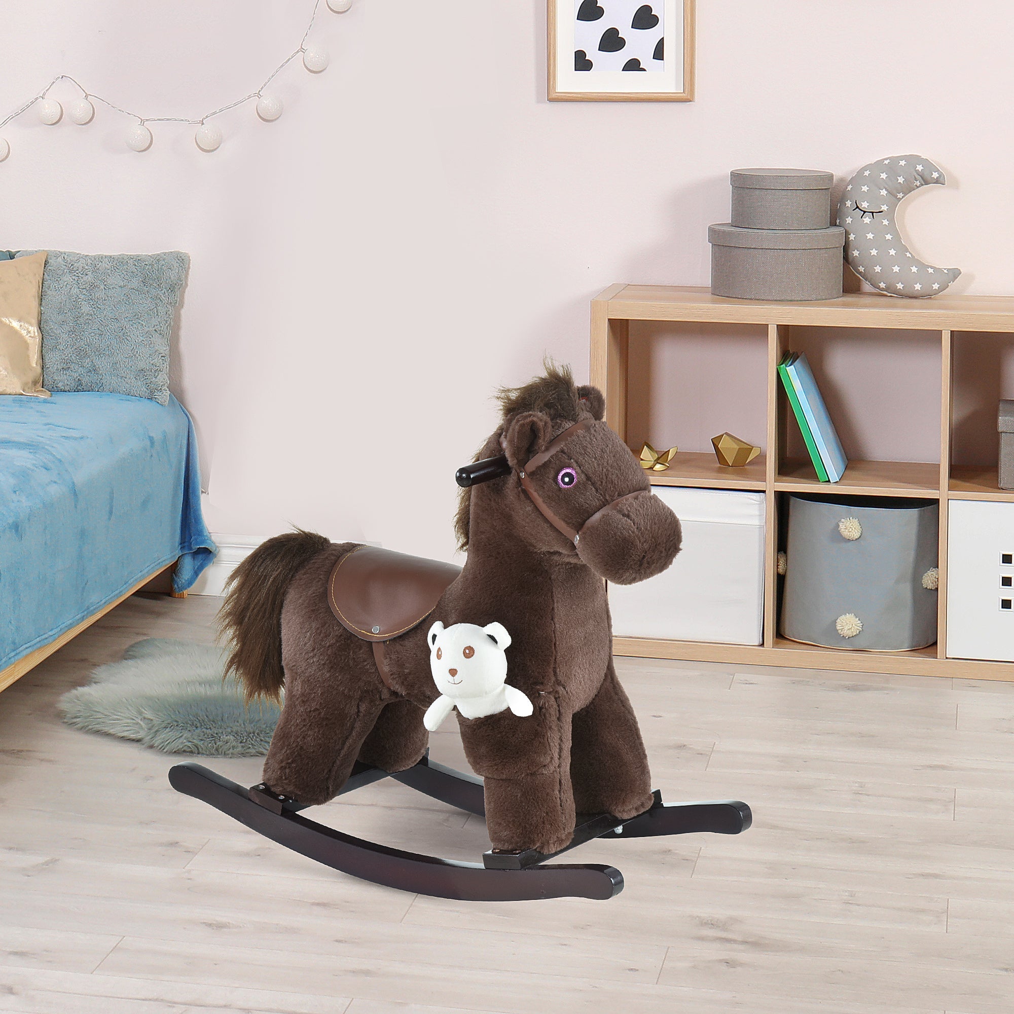 Qaba Children's Plush Rocking Horse - Cozy Bear Ride-On Toy with Realistic Sounds, Soft Seat for Kids, Brown