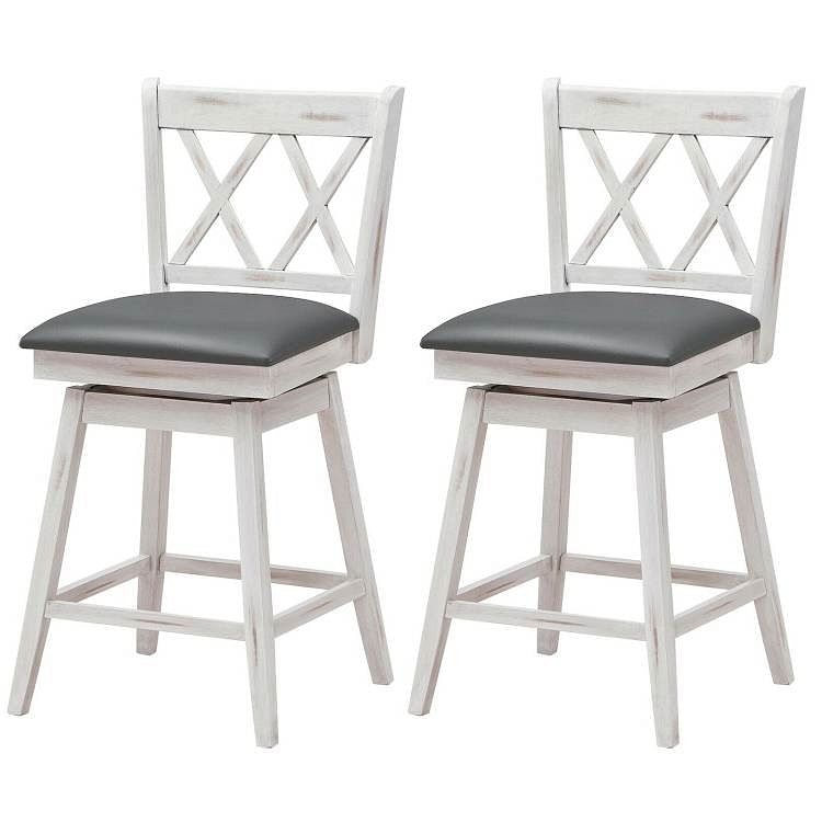 Set of 2 White Wood 24-in Counter Height Farmhouse Swivel Cushion Seat Barstools - Free Shipping
