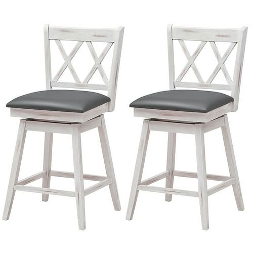 Set of 2 White Wood 24-in Counter Height Farmhouse Swivel Cushion Seat Barstools - Free Shipping