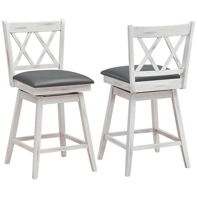 Set of 2 White Wood 24-in Counter Height Farmhouse Swivel Cushion Seat Barstools - Free Shipping