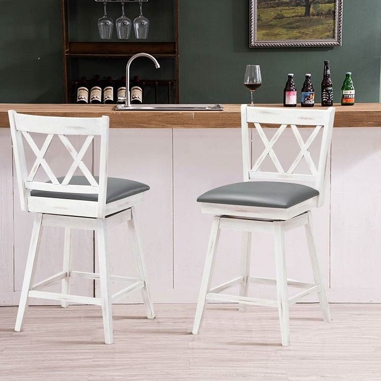 Set of 2 White Wood 24-in Counter Height Farmhouse Swivel Cushion Seat Barstools - Free Shipping