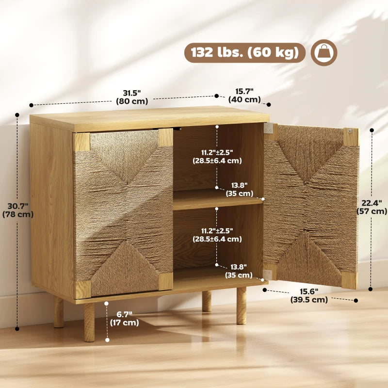 Handwoven Rope Accent Cabinet Boho Sideboard Buffet Cabinet with Push to Open Doors Adjustable Shelf Pine Wood Legs Oak