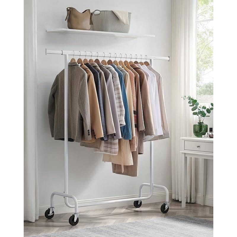 Heavy Duty White Metal Garment Rack Clothes Hanging Bar on Wheels - Free Shipping