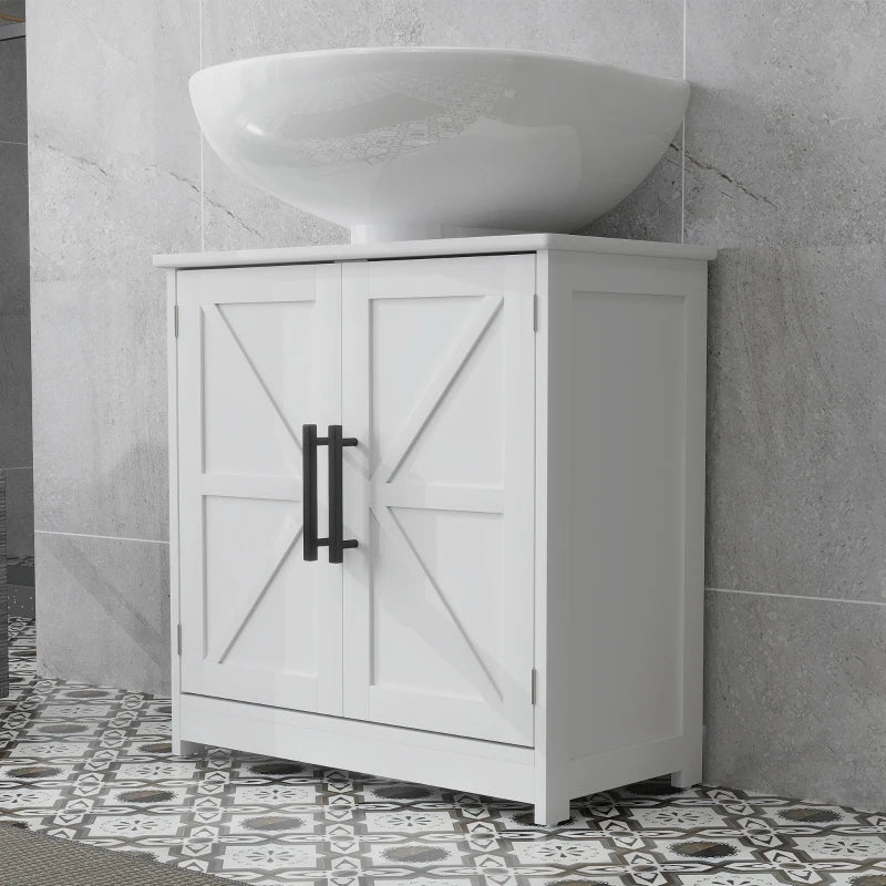 Farmhouse Pedestal Sink Storage Cabinet, Bathroom Under Sink Cabinet with 2 Barn Doors and Adjustable Shelf, White