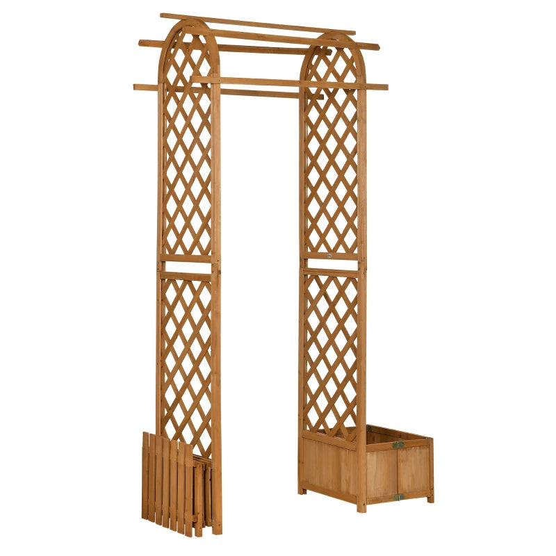 7.7FT Garden Arch with 2 Foldable Planter Boxes, Outdoor Wooden Trellis Arbor for Ceremony Party Weddings, Brown