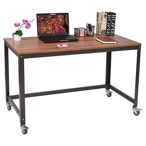 Industrial Modern Steel Frame Wood Top Computer Desk with Locking Wheels - Free Shipping