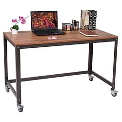 Industrial Modern Steel Frame Wood Top Computer Desk with Locking Wheels - Free Shipping