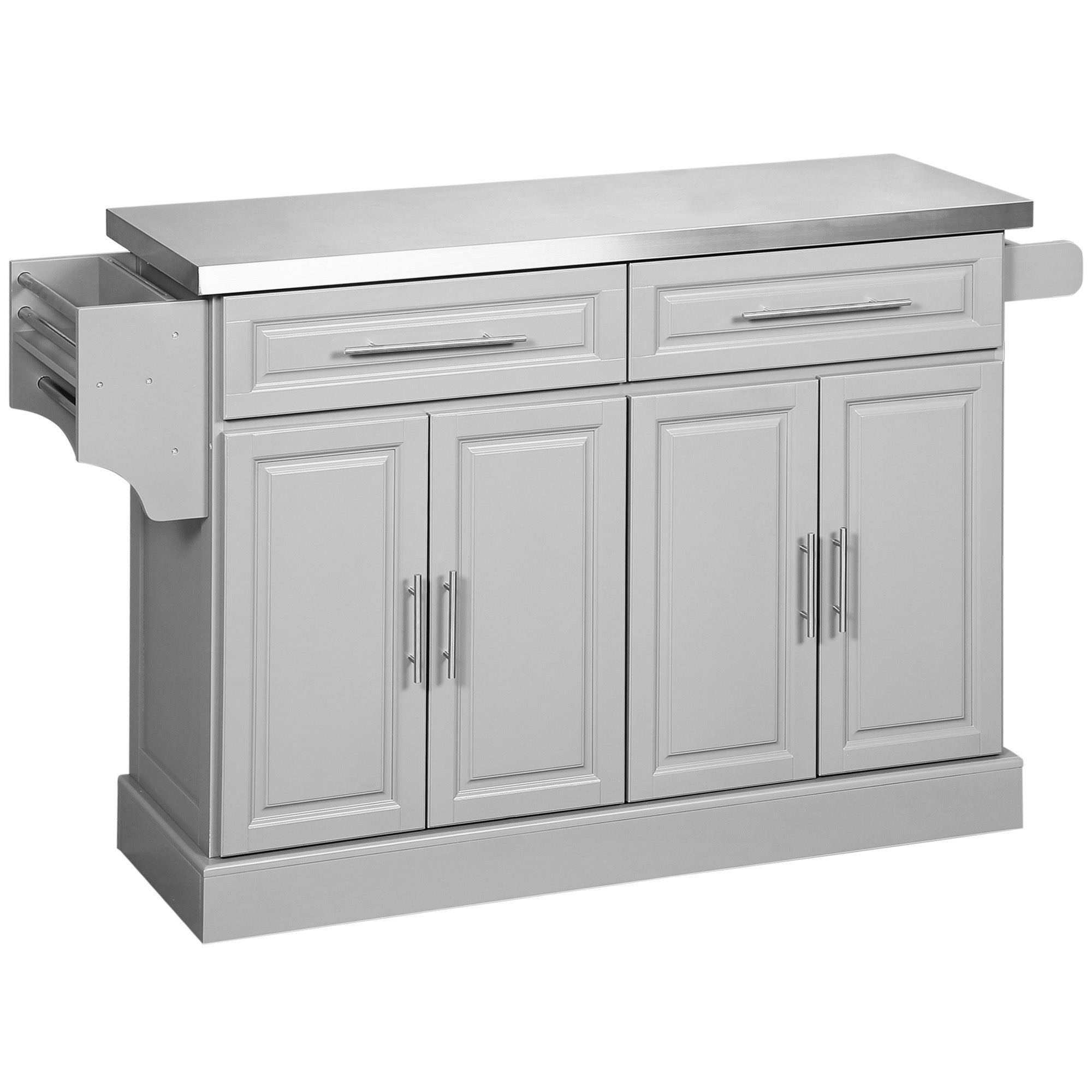 HOMCOM Rolling Kitchen Island with Storage and Stainless Steel Top, Kitchen Trolley with Drawers, Cabinets, Towel Rack