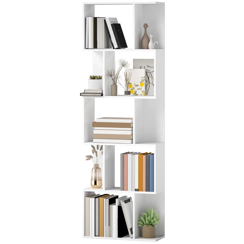 5-Tier Geometric Bookshelf, S Shaped Bookcase, Modern Freestanding Display Shelf Unit for Home Office, White