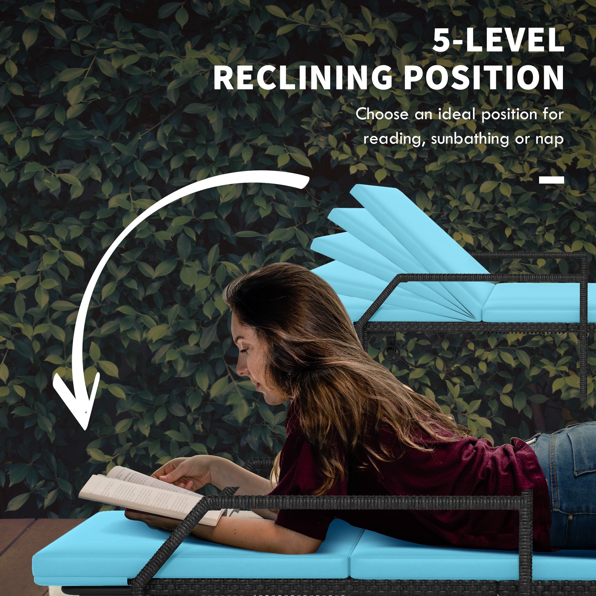 Outsunny 2 PCS PE Rattan Lounge Chairs Outdoor with Adjustable Backrest Wheels Steel Frame Recliner Sky Blue