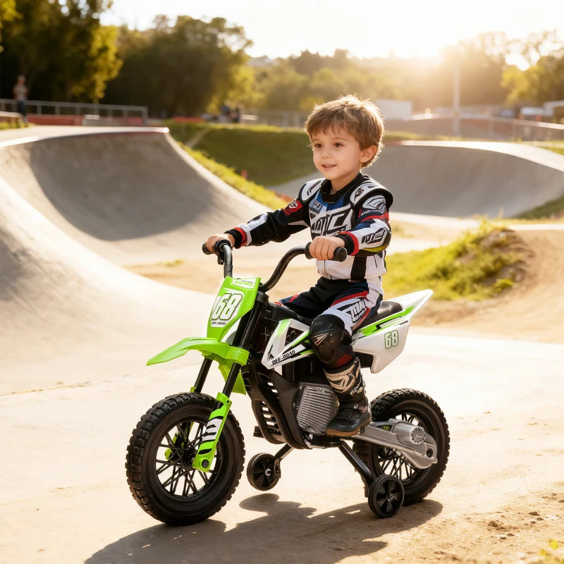 Qaba 12V Kids Dirt Bike, Electric Motorcycle with Twist Grip Throttle, Training Wheels, Rear Suspension & Music, Green