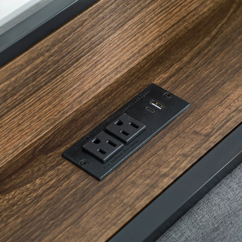 Queen Size Bed Frame with Charging Station, Queen Bed Frame with Upholstered Headboard and Storage Shelf, Walnut