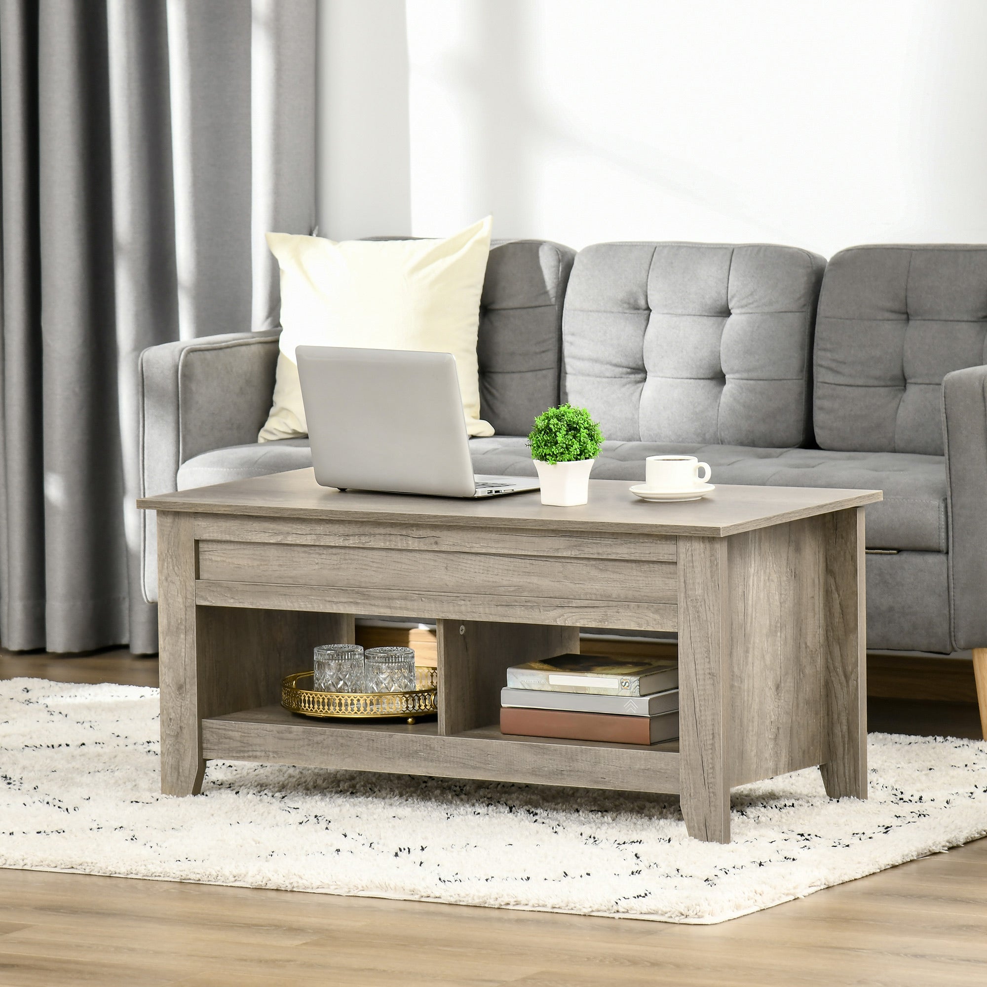 HOMCOM Lift Top Coffee Table with Hidden Storage and Open Shelves Oak Effect for Living Room
