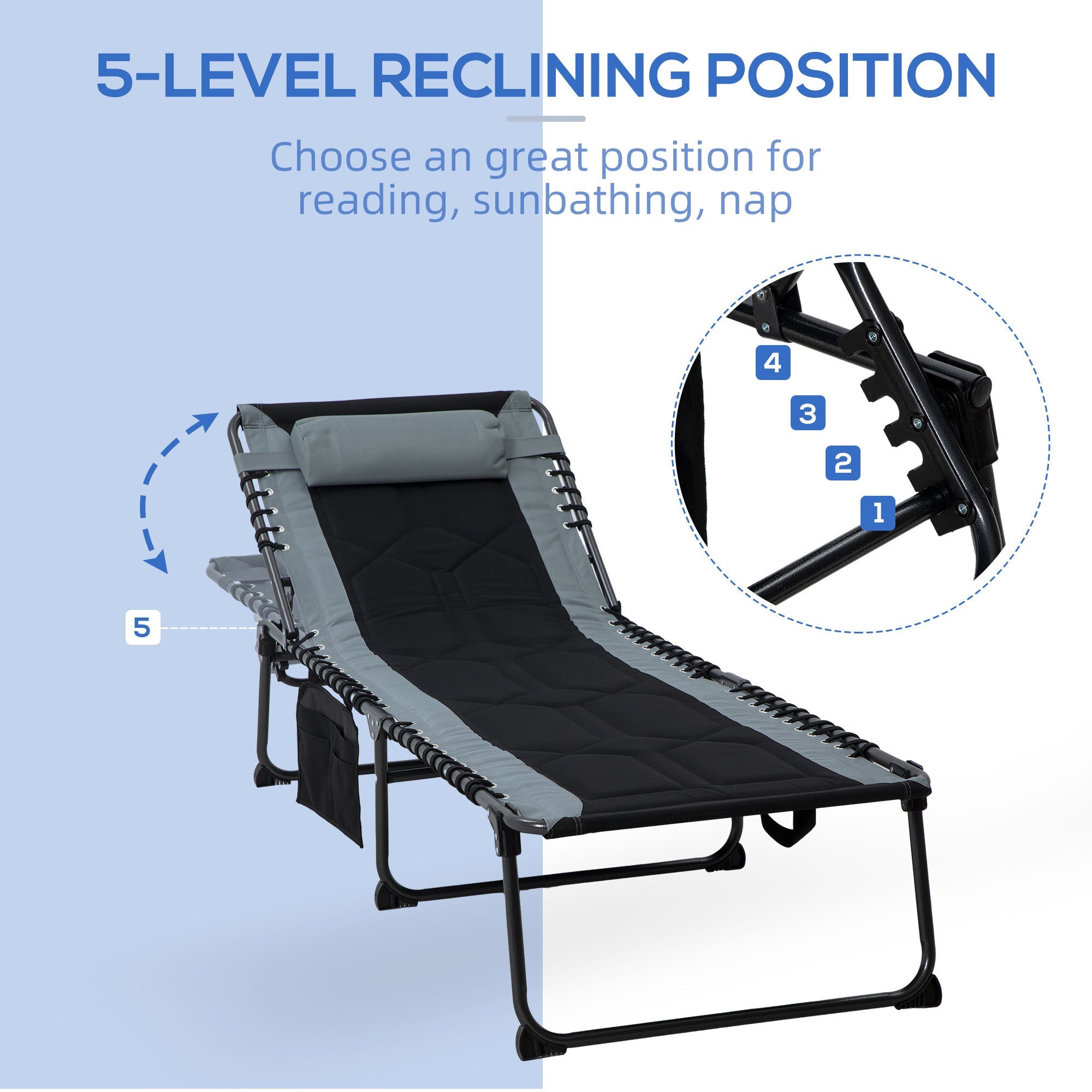 Outsunny Portable Folding Chaise Lounge Chair 5-Level Reclining Outdoor Chair with Side Pocket Headrest Black
