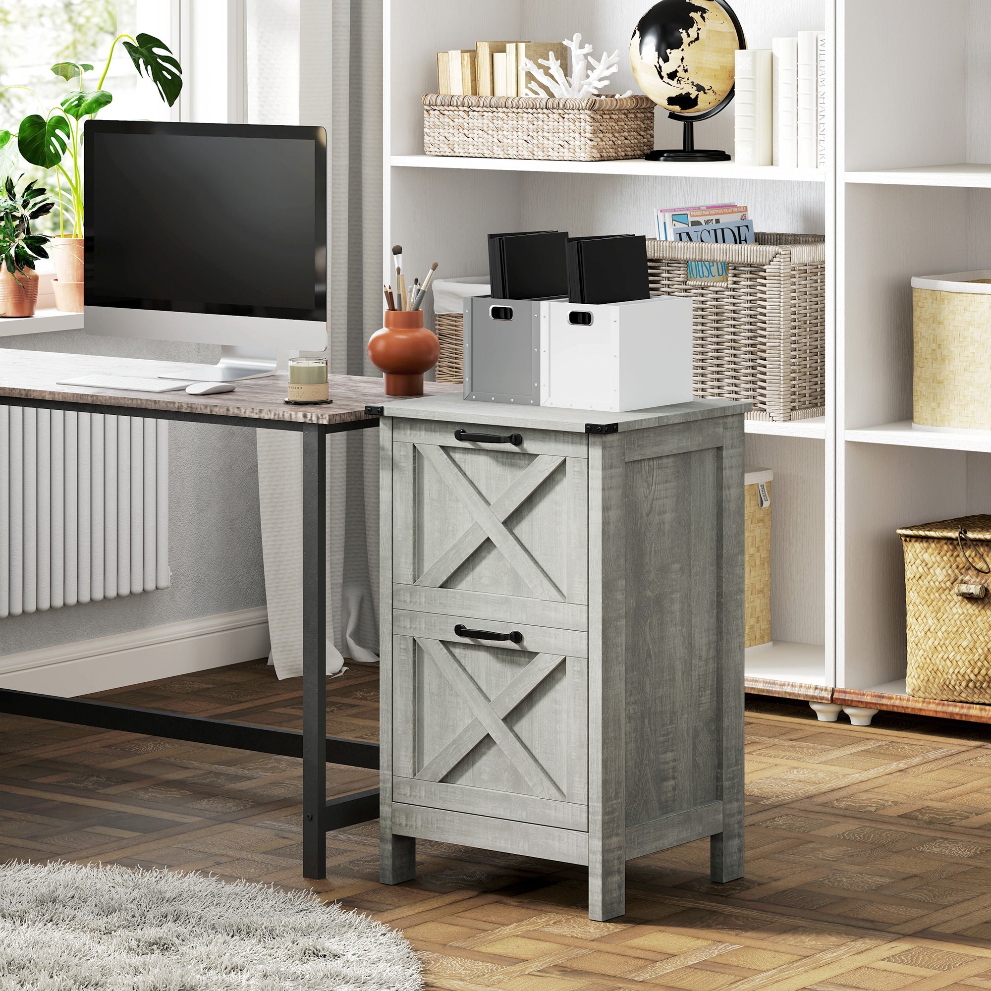 HOMCOM Vertical Filing Cabinet with 2 Drawers, Rustic Farmhouse Office Storage Cabinet for A4, Letter Size, Stone Grey