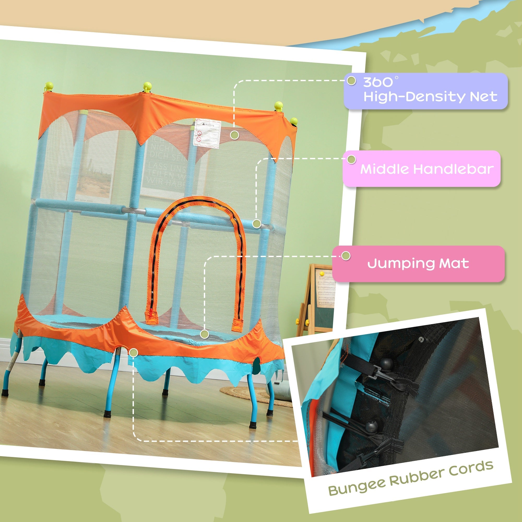 Qaba Trampoline for Kids, 4.6FT Mini Toddler Trampoline Indoor Outdoor with Handlebar, Safety Enclosure Net, Blue