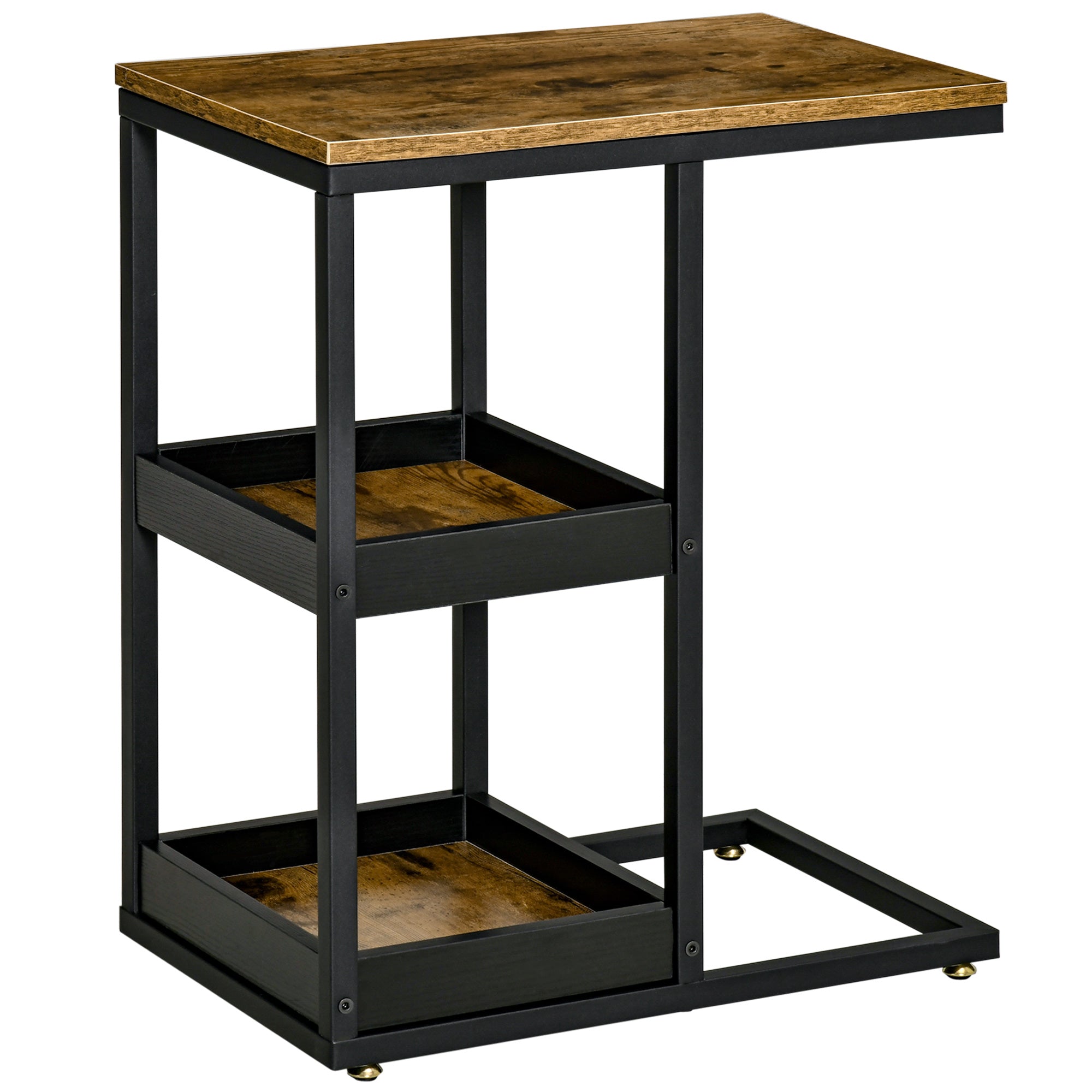 HOMCOM Industrial C-Table: C-Shaped End Coffee Table, Metal Frame Nightstand with Storage Shelves for Living Room, Bedroom