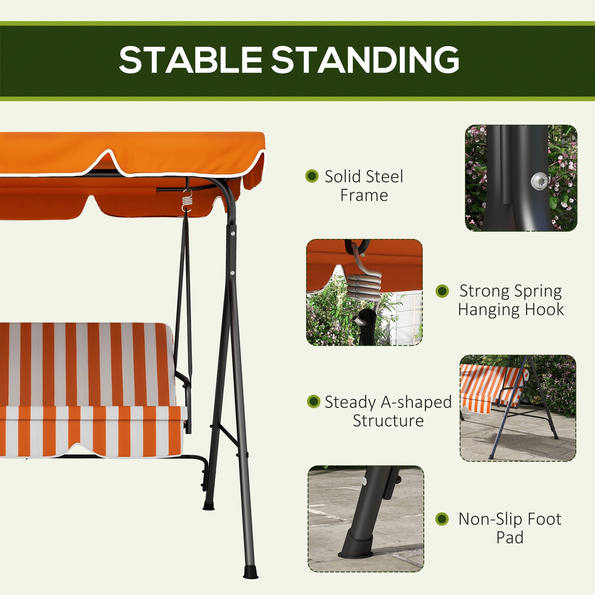 Outsunny 3-Seater Outdoor Porch Swing with Adjustable Canopy Patio Swing Chair for Garden Poolside Backyard Orange