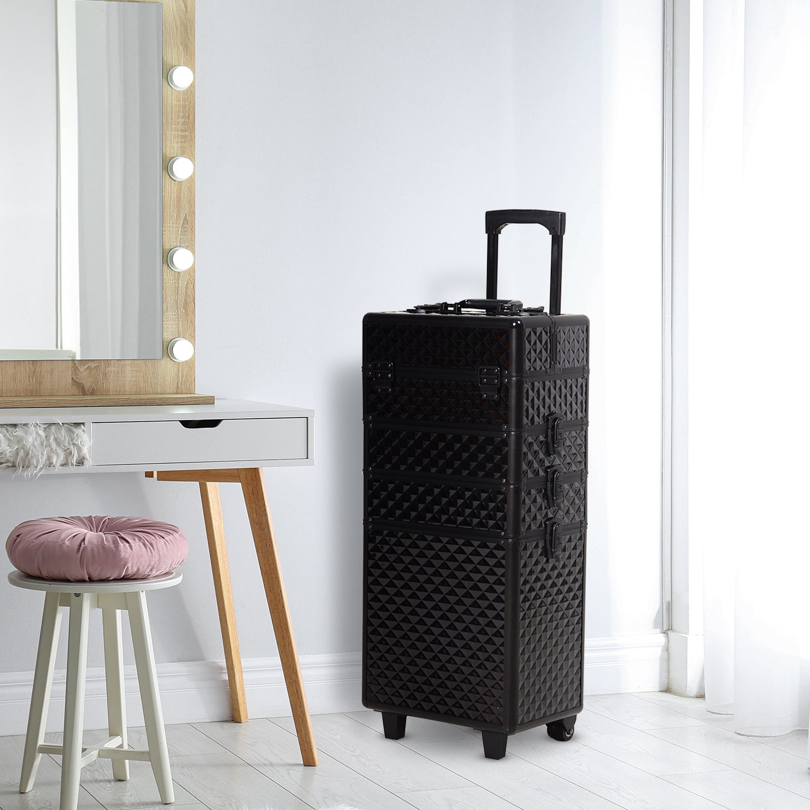 HOMCOM 4 in 1 Makeup Train Case Portable Aluminum Rolling Cosmetic Organizer Trolley with Wheels Multiple Compartments Black