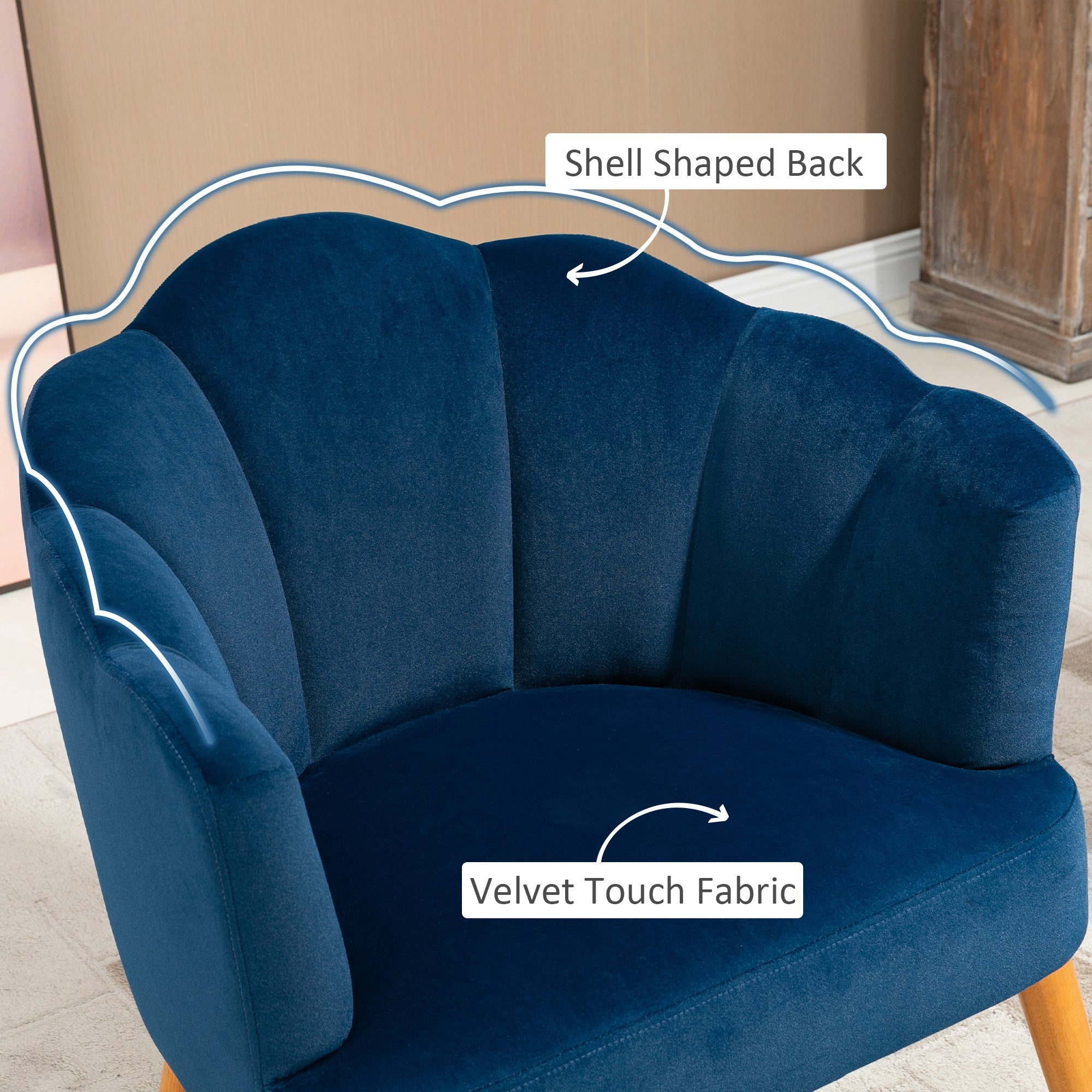 HOMCOM Modern Velvet Armchair: Cushioned Seat, Wood Legs, Bedroom/Living Room, Blue