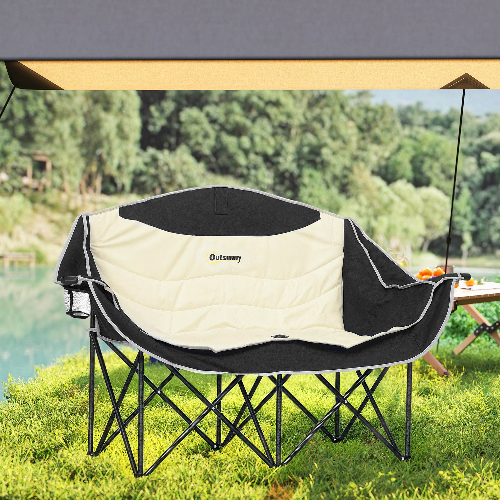 Outsunny Portable Camp Chair, Double Camping Chair with Cup Holders and Carry Bag, Support 551 lbs, Khaki