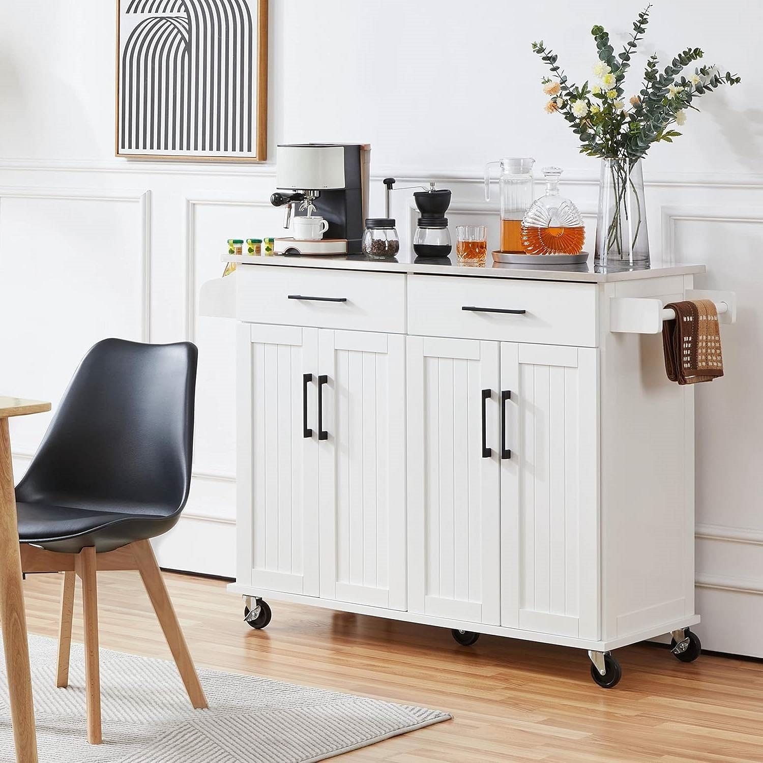 White Kitchen Cart Island with Stainless Steel Top 2 Drawers and Cabinet - Free Shipping
